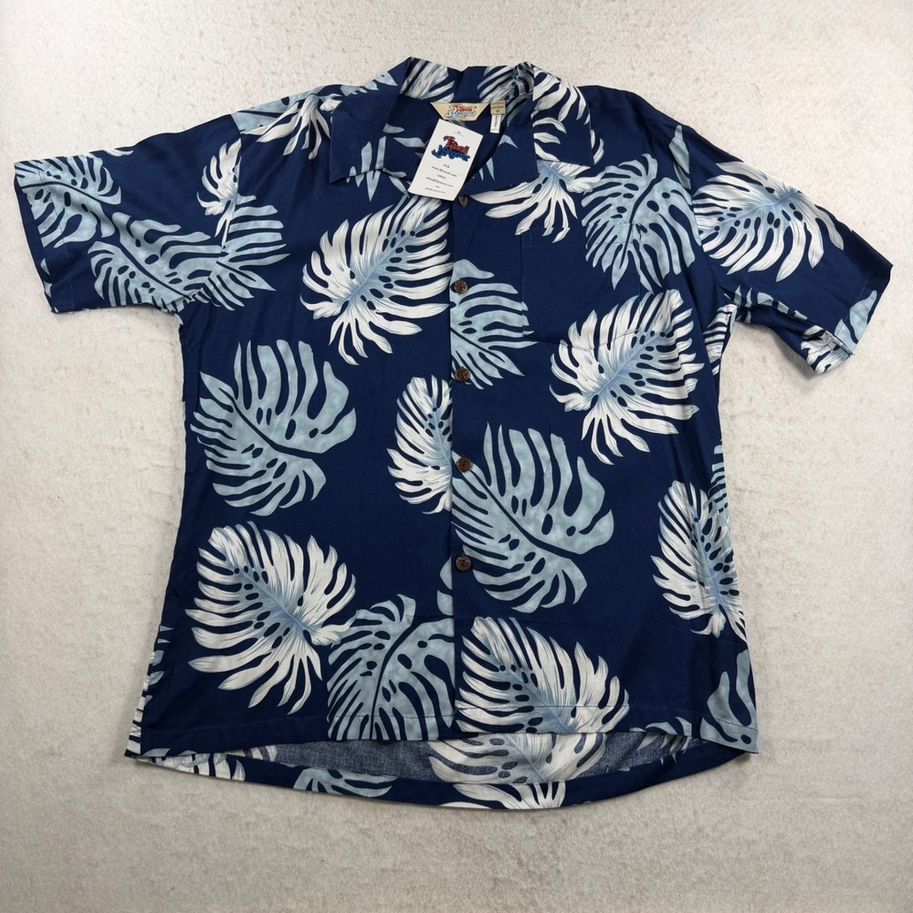 Hawaii Hangover Mens Blue Monstera‎ Leaf Print Rayon Aloha Shirt Medium NWT 3006